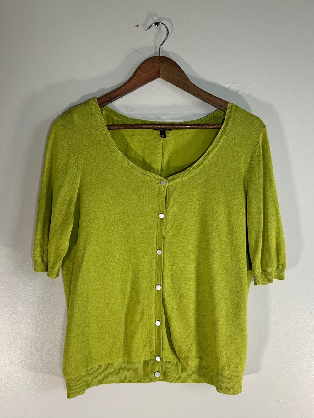 Talbots Chartreuse Green Short-Sleeve Button Cardigan - Silk blend